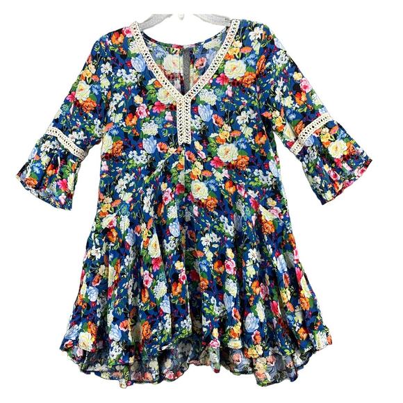 Womens Allover Floral Dress Size Small Mini Blue Flowy 3/4 Sleeve V-Neck Lace - Picture 1 of 11